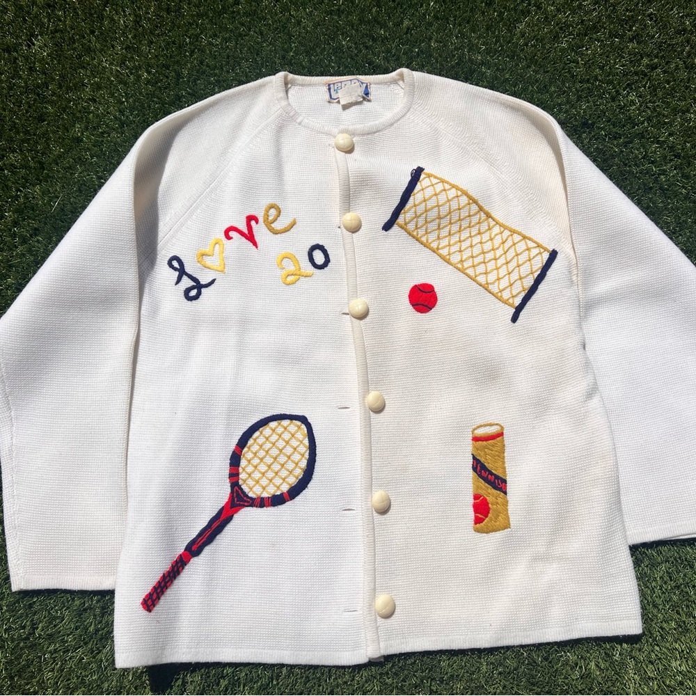 ✨SOLD✨ Leroy Vintage 70's Tennis Sweater Cardigan Ivory with Embroidery Medium